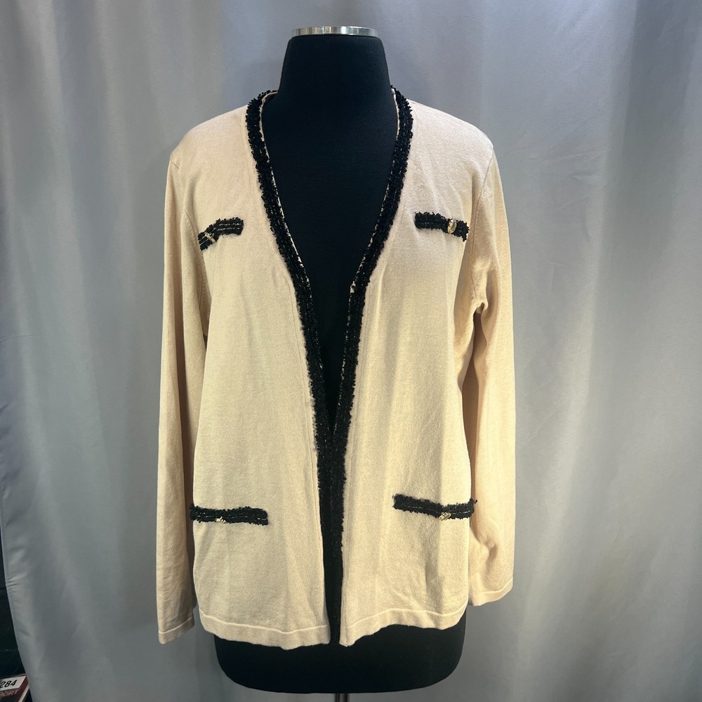 Adrianna Papell Cardigan Sweater Womens Large Beige Black Lace Detail V Neck